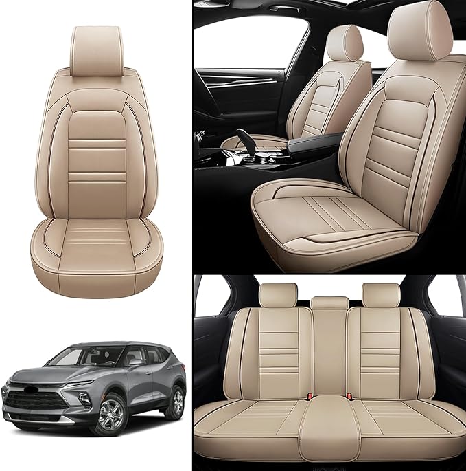 Seat Covers for Chevy Blazer 2019-2025 | 5-Seats Leather Seat Covers, Easy to Install Automotive Seat Covers Full Set (Full Set, Beige)