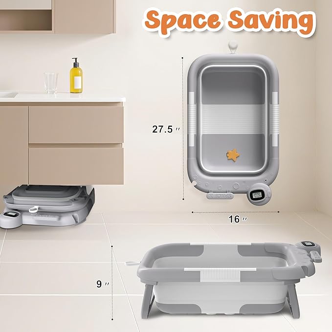 Collapsible Baby Bathtub for Newborn to Toddler (0-24 Months), Portable Baby Bath Tub for Travel, Newborn Bathtub with Soft and Supportive Cushion (Astronaut-Gray)