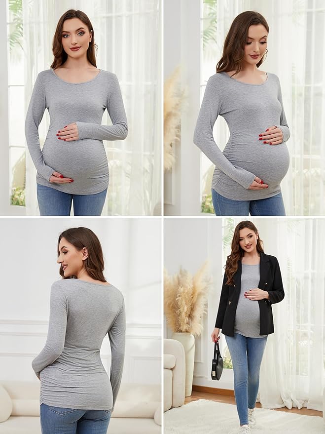 Ecavus Women's Maternity Shirts Long Sleeve Soft Stretchy Pregnancy Tops Side Ruched Casual Mama Clothes