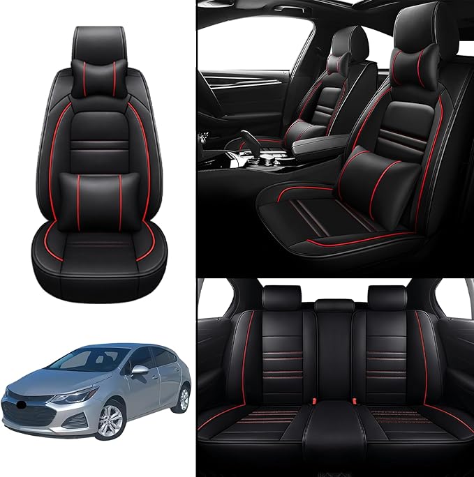 Car Seat Covers for Cruze 2011-2019 | 5-Seats Seat Covers, Waterproof Seat Protectors, Automotive Seat Covers (Full Set with Pillow,Black&Red Line)