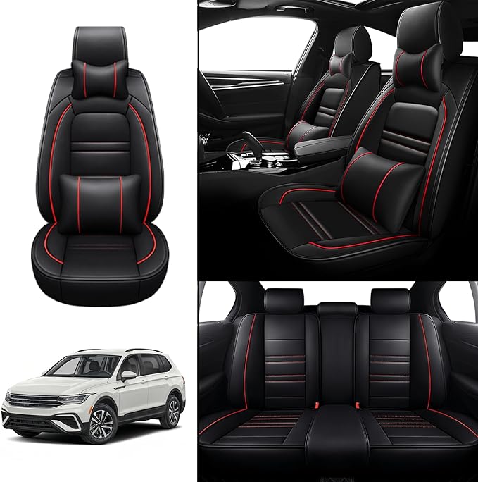 Car Seat Covers for VW Car tiguan 2009-2025 | 5-Seats Seat Covers, Waterproof Seat Protectors, Automotive Seat Covers (Full Set with Pillow,Black&Red Line)