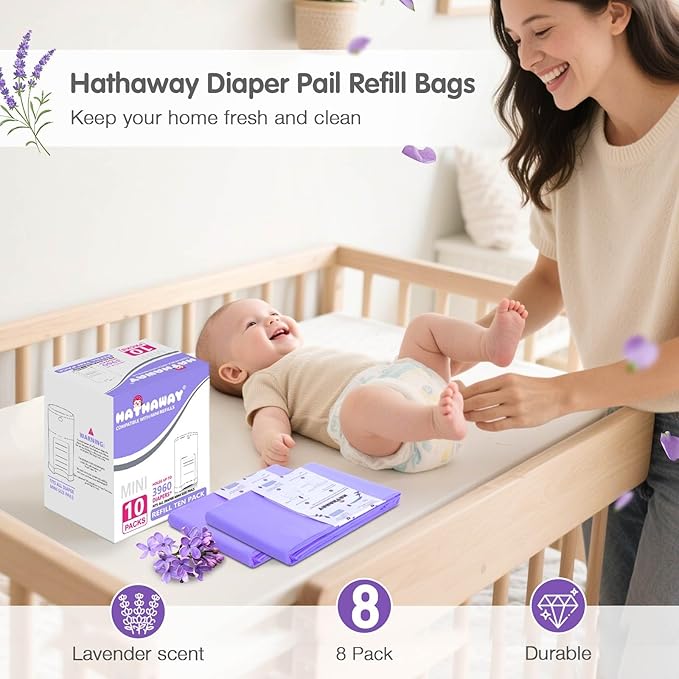 Diaper Pail Refill Bags Compatible With Dekor Mini Diaper Pail, Extra 30% Length, Lavender Scent, 10 Pack