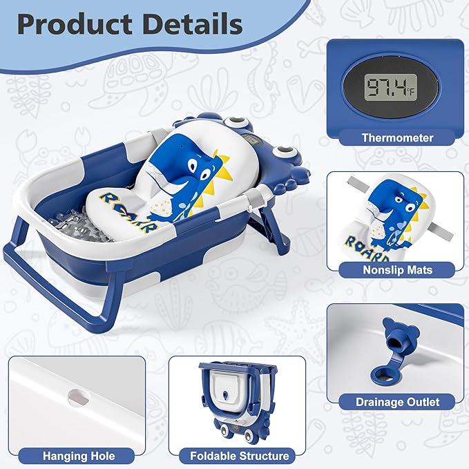 Collapsible Baby Bathtub for Newborns with Thermometer and Soft Floating Cushion Portable and Foldable Travel Baby Boy Bath Tub for Infants to Toddler 0-36 Month (Navyblue)