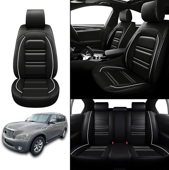 Seat Covers for Infiniti qx56 2004-2013 | 5-Seats Leather Seat Covers, Easy to Install Automotive Seat Covers Full Set (Full Set, Black&White Line)