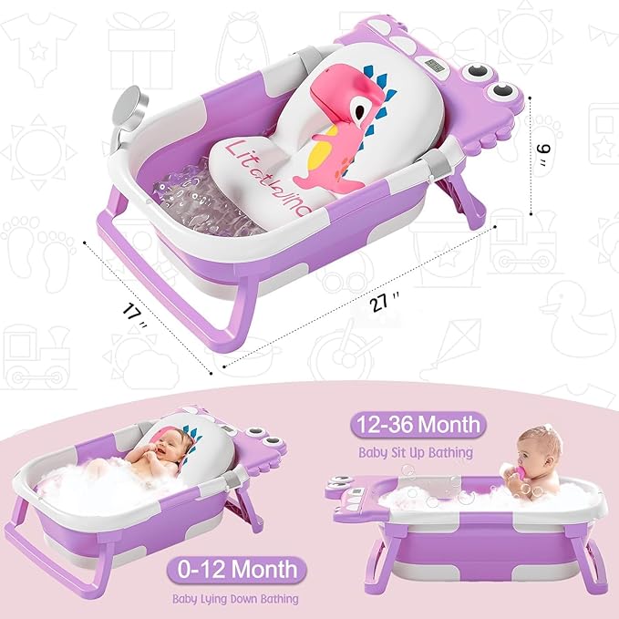 TPN Collapsible Baby Bathtub, Baby Bath Tub with Soft Cushion & Real-Time Thermometer, Baby Bathtub Infant to Toddler Tub (0-36 Months), Portable Travel Baby Tubs for Newborns (Lavender)