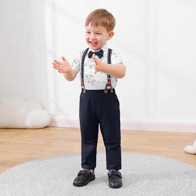 nilikastta Boy Suit Toddler Boy Outfit Boy Dress Shirt with Bowtie/Suspender Pants Gentleman Wedding Outfits 1-10 Years