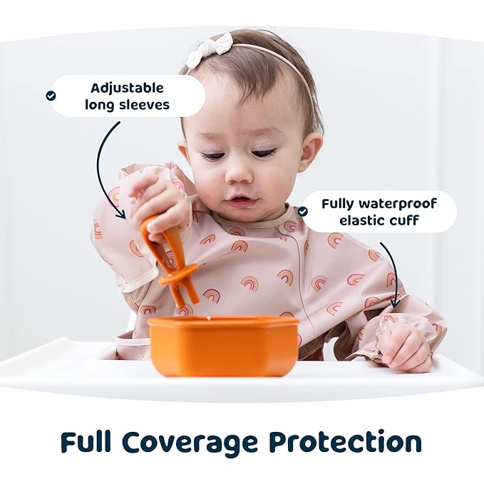 Tiny Twinkle Mess Proof Baby Bib,Waterproof Smock Baby Bib for Eating,Machine Washable Long Sleeve Bib,Baby Led Weaning,Toddler Bib,BLW Supplies(Cinnamon, Large 2-4 Years)
