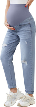 POSHGLAM Women's Maternity Jeans Over Belly Comfy Stretch 28'' Boyfriend Jeans Loose Pregnancy Pants, S-XXL