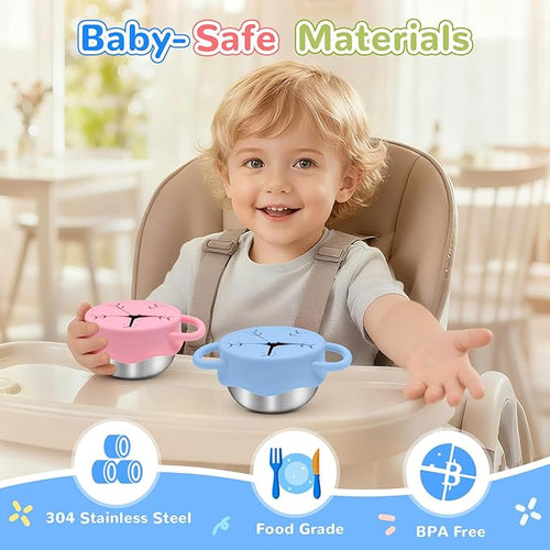 2 Pack Toddler Snack Containers –13.5oz Food Grade Stainless Steel Snack Cups for Toddlers Spill Proof with Snowflake Silicone Lids & Handles, Baby Snack Containers, Dishwasher Safe Toddler Snack Cups