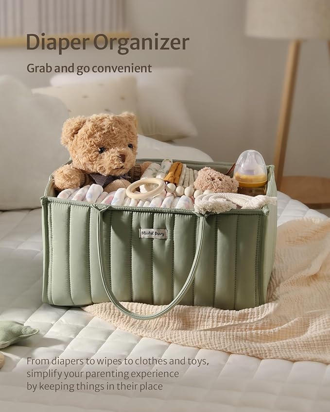 Blissful Diary Baby Diaper Caddy Organizer, Stylish Storage Basket for Newborn Essentials and Diaper Station, Gift for Baby Shower and Registry Must-Have, Sage Green