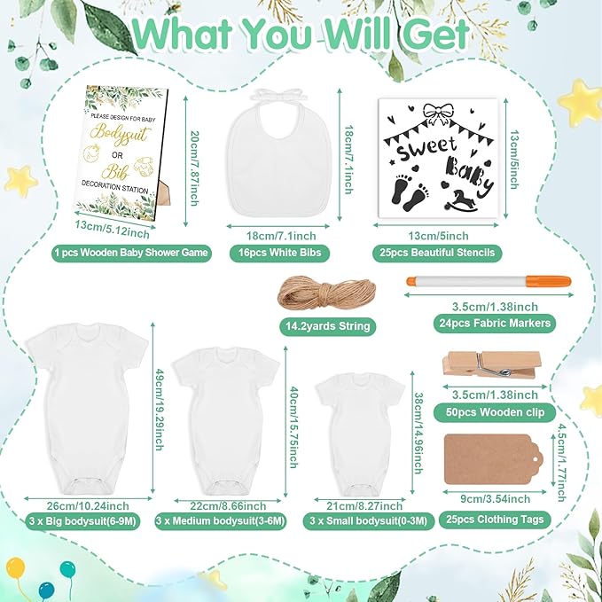 151 Pcs Baby Shower Game Decorations Kit with Bibs, Bodysuits, Wooden Sign & Fabric Markers (GreenGolden)