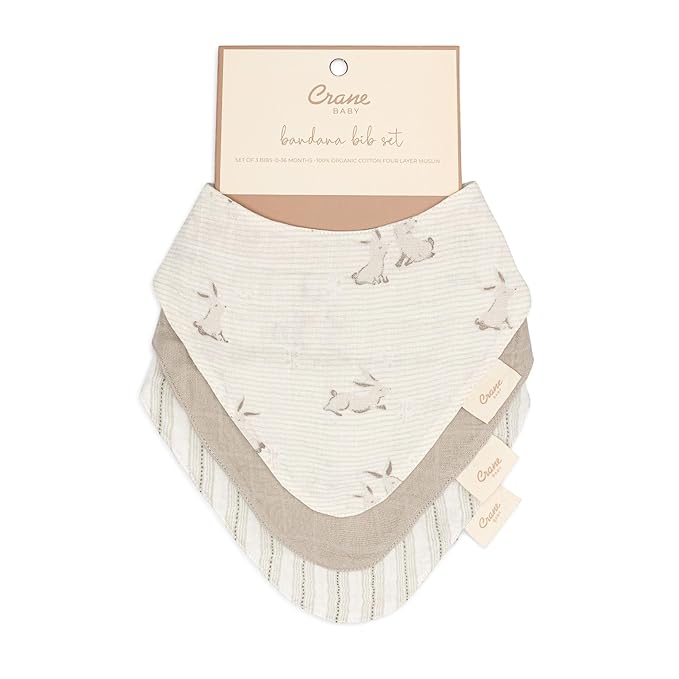 Crane Baby 100% Organic Cotton Baby Bibs, 3-pc. Set, Bunny Pattern For Boys, Girls, Unisex, Feeding, Drooling, Teething Bibs