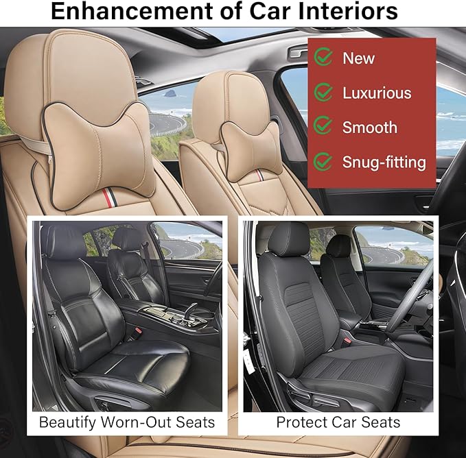 Leather Car Seat Covers Fit for LR Range Rover Evoque 2019-2025, 5 Seater Waterproof and Wear-Resistant Seat Cover Interior Accessories(Full Set with Pillow,Beige)