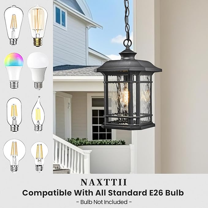 Outdoor Pendant Light Fixture Hanging Porch Light with Adjustable Chain Aluminum Frame with Tempered Water Ripple Glass Hanging Lantern for Front Door Porch Garden and Backyard