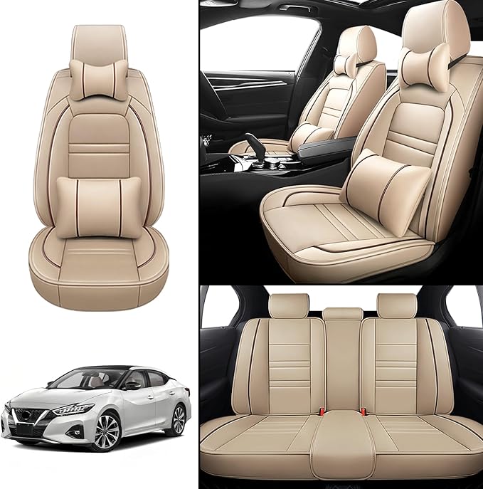 Car Seat Covers for Nissan Car Maxima 1999-2023 | 5-Seats Seat Covers, Waterproof Seat Protectors, Automotive Seat Covers (Full Set with Pillow,Beige)
