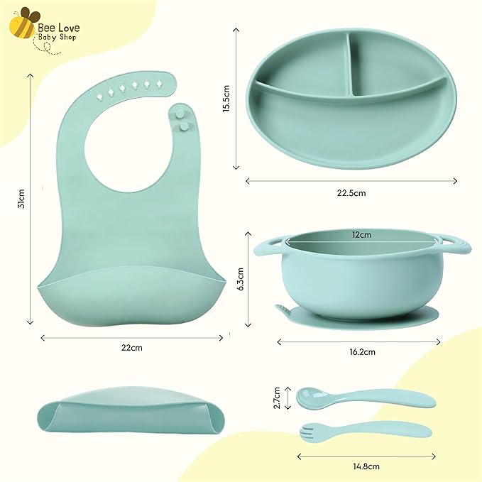 Bee Love Silicone Baby Feeding Set | BPA Free Baby Led Weaning Utensils Set with Suction Plate, Bowl, Adjustable Bib, Baby Spoon and Folk | Toddler Feeding Supplies for 6+ Months (Moody Blue)