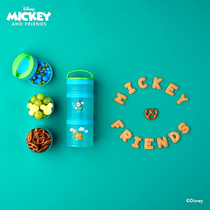 Whiskware Disney Stackable Snack Containers for Kids and Toddlers, 3 Stackable Snack Cups for School and Travel, Mickey and Pluto