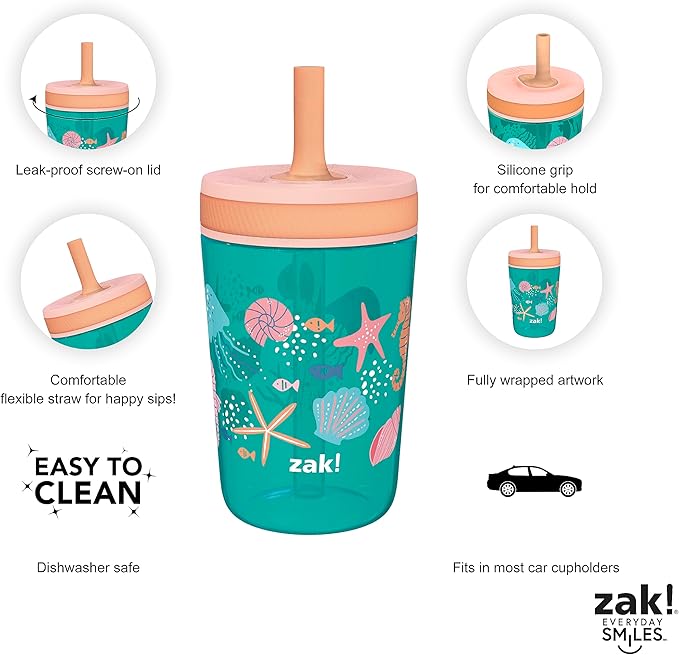 Zak Designs Shells Kelso Tumbler Set, Leak-Proof Screw-On Lid with Straw, Bundle for Kids Includes Plastic and Stainless Steel Cups with Bonus Sipper (3pc Set, Non-BPA) (Pack of 12)