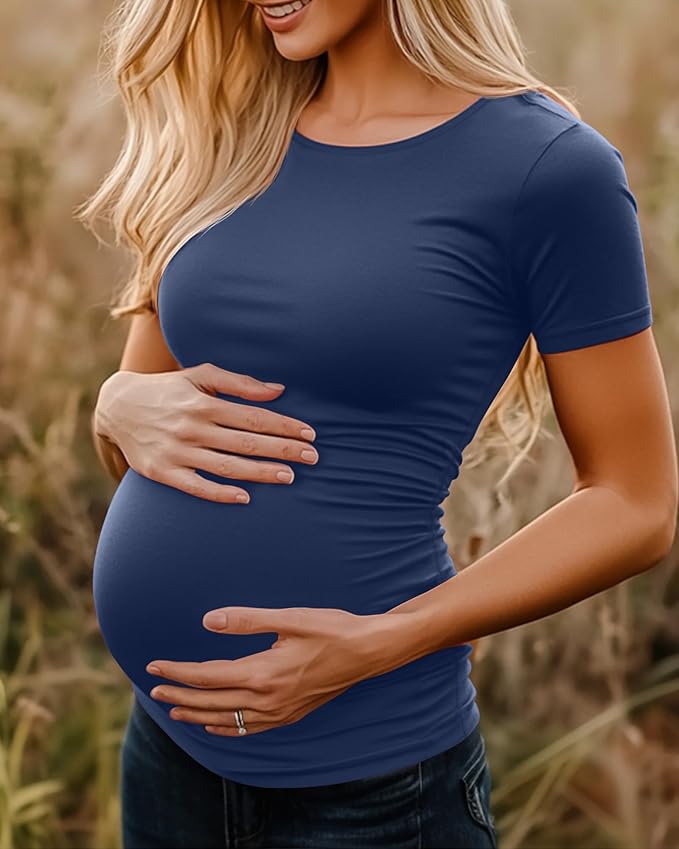 Huukeay 4 Pack Women's Maternity Shirts, Crew Neck Maternity Top Short Sleeve Casual Cotton Tee Side Ruched Pregnancy Clothes