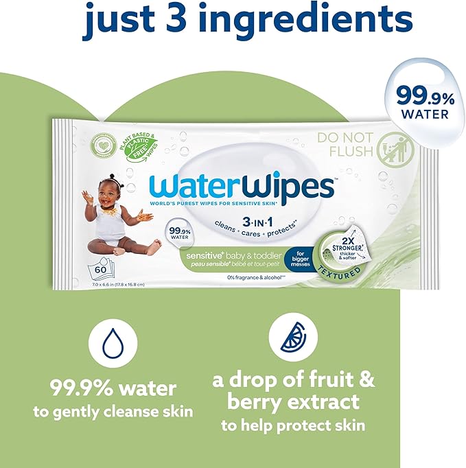 WaterWipes Sensitive+ Baby & Toddler Wipes, 3-In-1 Cleans, Cares, Protects, 99.9% Water, Textured Clean, Unscented & Hypoallergenic, 1080 Count (18 Packs)