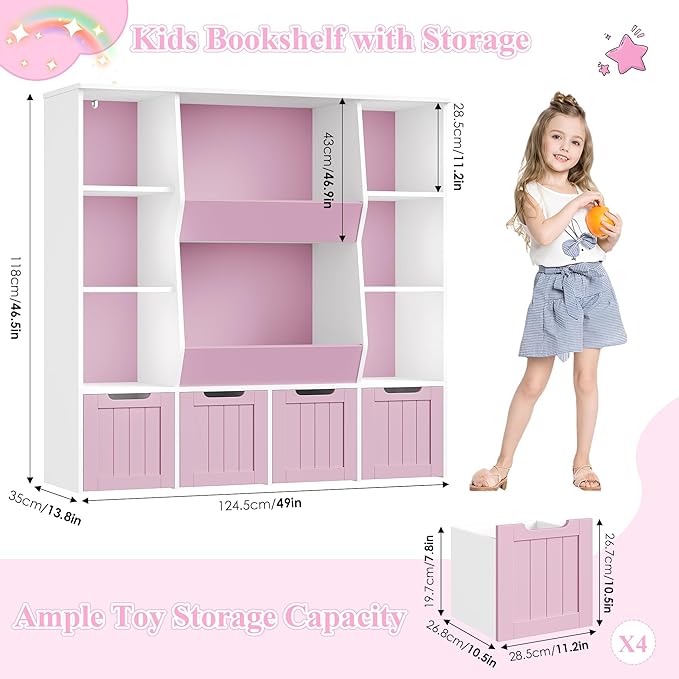 FINETONES Toy Organizers and Storage with 4 Movable Drawers, Large Toy Storage Organizer with 8 Open Storage Cubbies, Kids Bookshelf and Toy Storage with Hidden Wheels for Playroom, Kids Room,Pink