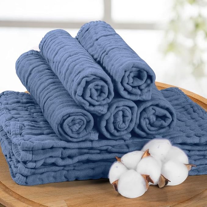 Yoofoss Muslin Burp Cloths for Baby 10 Pack 100% Cotton Baby Washcloths for Boys Girls Large 20''X10'' Super Soft and Absorbent Dark Blue
