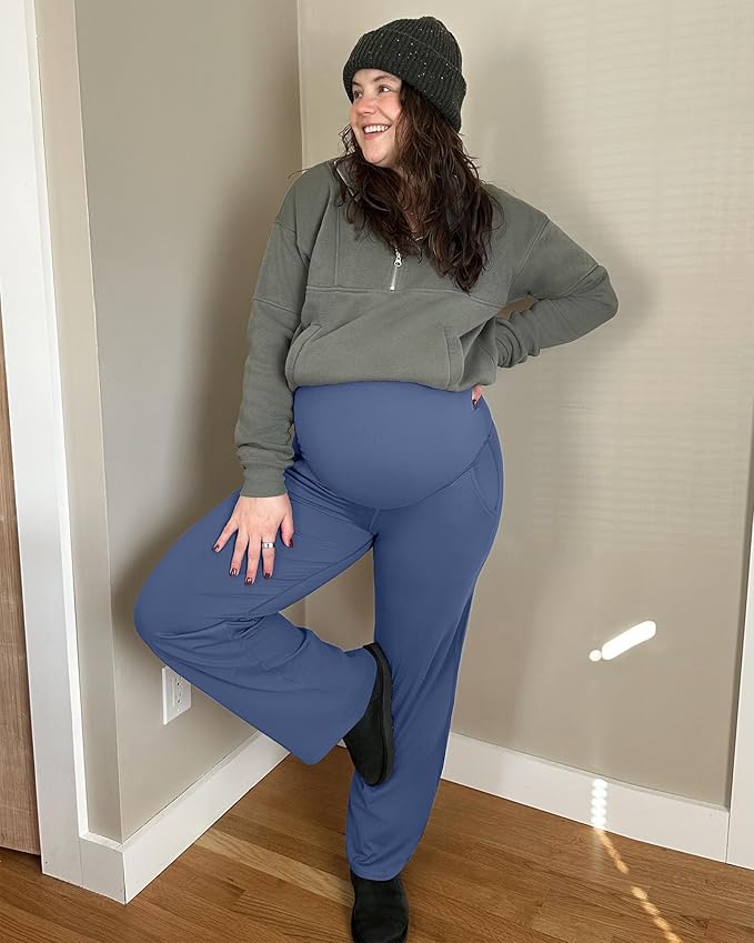 G4Free Maternity Pants Over The Belly Yoga Dress Work Pregnancy Pants Stretchy Lounge Wide Leg Trousers with Pockets