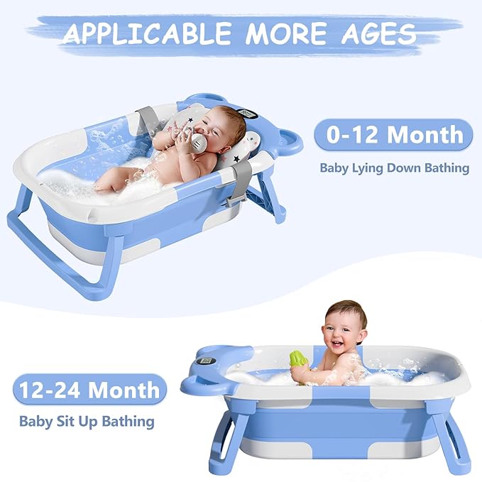 MoreFeel Collapsible Baby Bathtub for Newborn with Thermometer & 1 Hooded Towel & 1 Soft Floating Cushion,Portable Travel Bathtub with Drain Hole, Durable Foldable Baby Tubs for Infants to Toddler