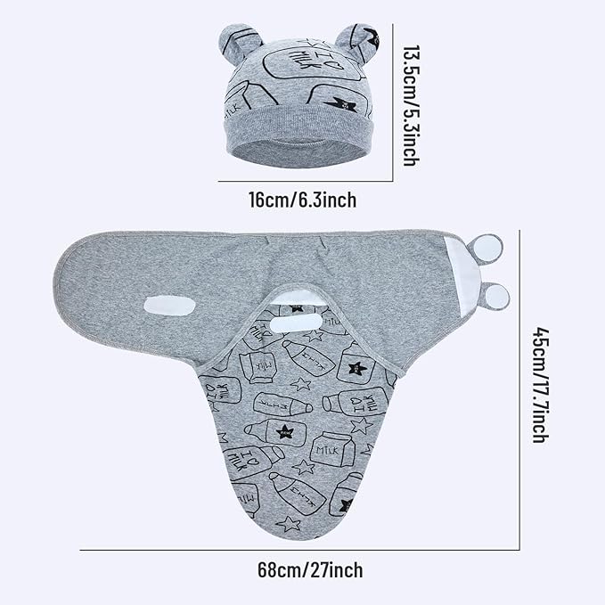 Cinaci 2 Pack Adjustable Soft Cotton Blend Newborn Baby Receiving Swaddle Blankets Sleep Sacks with Nursery Hats Caps Beanies Bonnets for Baby Girls Boys Newborns Infants