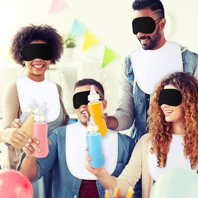 Leinuosen 24 Pcs Baby Shower Blindfold Feeding Game Set Include 6 Plastic Chug Bottles 6 Bib and 12 Eye Mask Blindfold Baby Feeding Bottle Chug Game for Adult Gender Reveal Party Supplies(Milky White)
