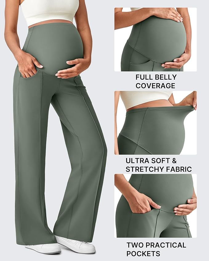 G4Free Maternity Dress Yoga Pants with Pockets Over The Belly Stretchy Work Slack Pregnancy Wide Leg Lounge Trousers