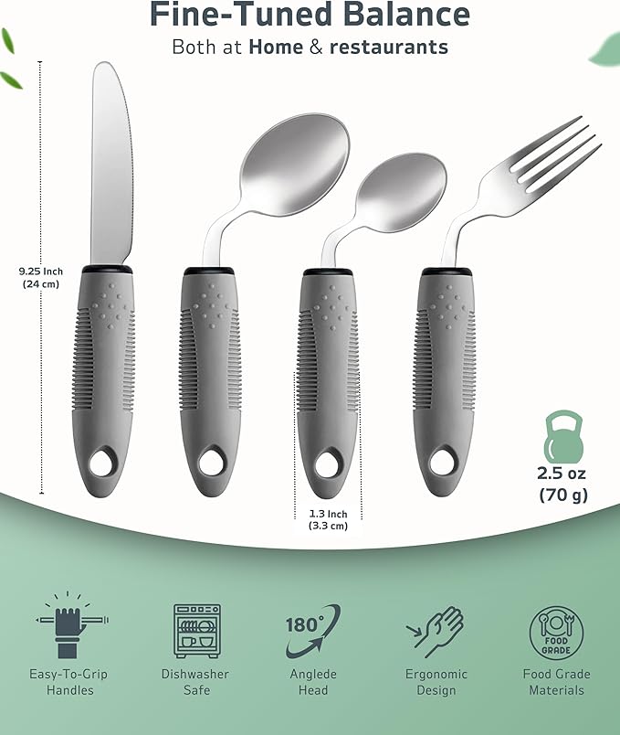 4-Piece Adaptive Utensils Set - 42° Angled Parkinsons Utensils, 2.5 oz Weighted Utensils for Tremors and Parkinsons Patients, Easy Grip Weighted Silverware for Hand Tremors (Left-Handed)