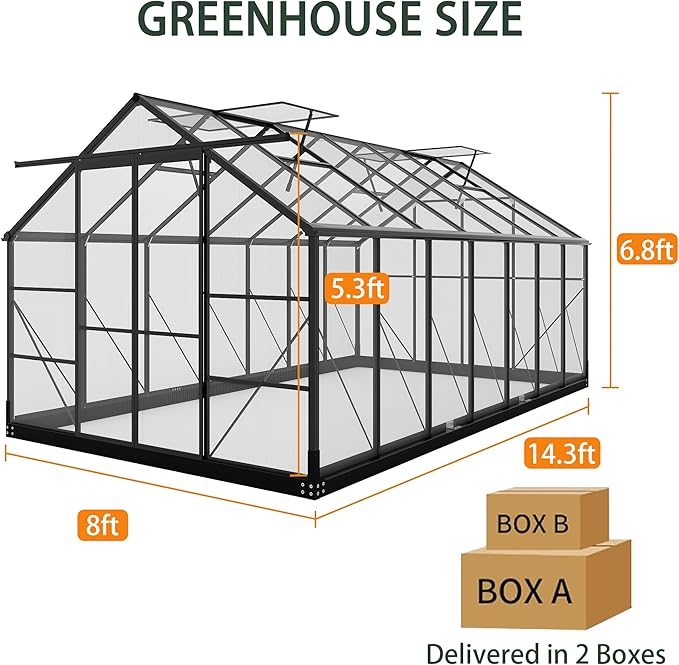 Greenhouses for Outdoors, 8x14.2 FT Polycarbonate Greenhouses with Adjustable Roof Vent, Aluminum Frame Green Houses for Garden with Sliding Doors, Windproof (8x14.2FT)
