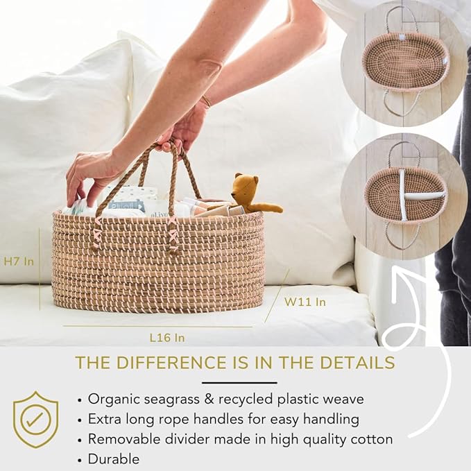 BEBE BASK Premium Pink Baby Diaper Caddy Organizer -Handmade - Seagrass Basket With Cotton Divider - Award-Winning & Luxury Pink Diaper Caddy Basket - (Blush)