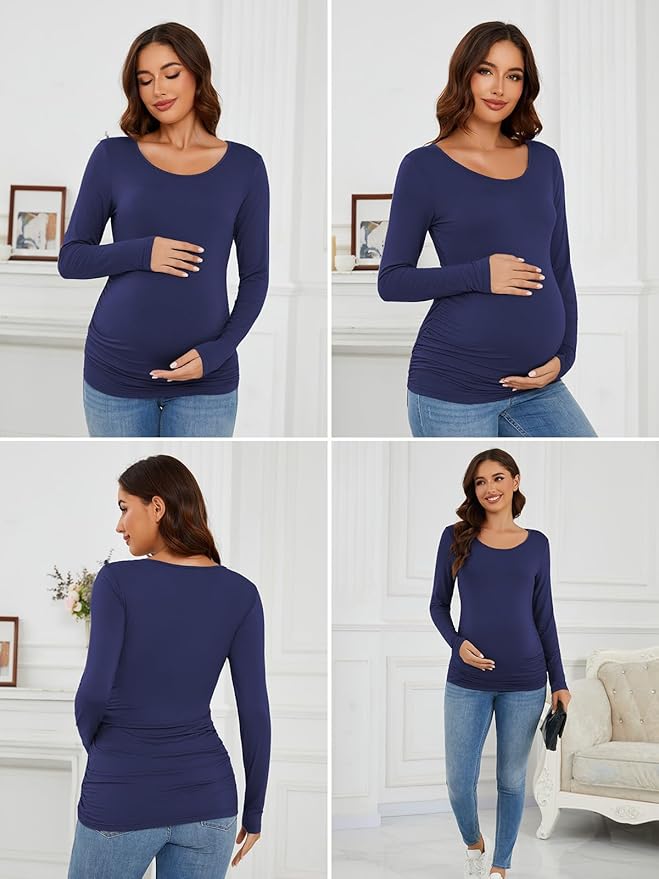 Ecavus Women's Maternity Shirts Long Sleeve Soft Stretchy Pregnancy Tops Side Ruched Casual Mama Clothes
