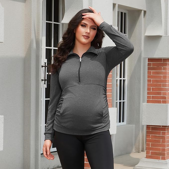 GINKANA Maternity Women's Long Sleeve Shirt Half Zipper Lapel Lightweight Casual Maternity Pullover with Pockets