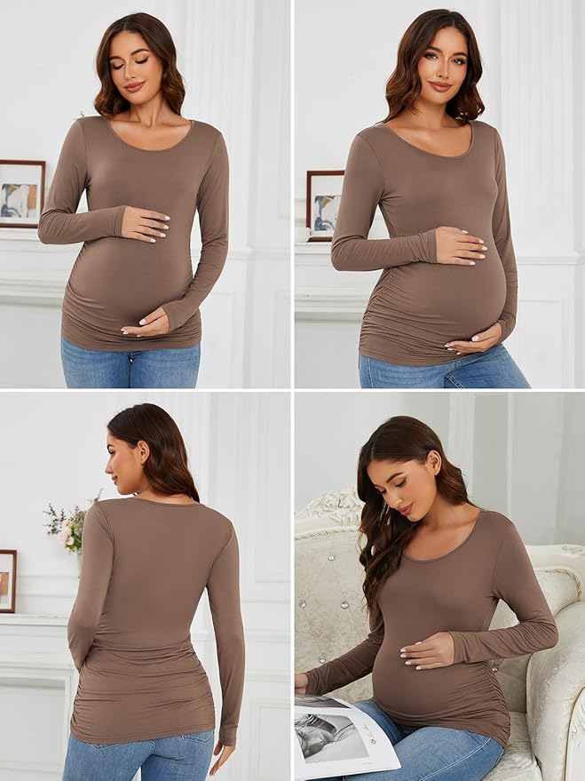Ecavus Women's Maternity Shirts Long Sleeve Soft Stretchy Pregnancy Tops Side Ruched Casual Mama Clothes