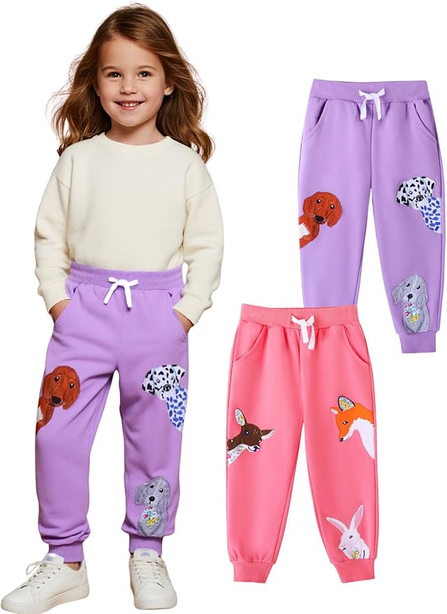 HILEELANG Girls Cotton Joggers Sweatpants Embroidery Drawstring Waist Pockets Casual Pants for Kids 12M-7Y