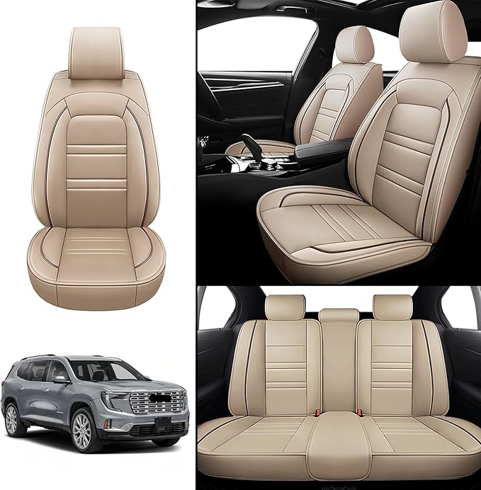 Car Seat Covers for gmc Acadia 2016-2025 | 5-Seats Leather Seat Covers, Easy to Install Automotive Seat Covers Full Set (Full Set, Beige)