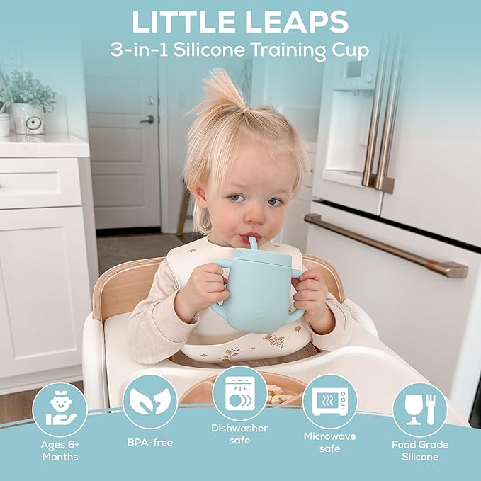 3-in-1 Silicone Training Cup with Straw & Lid - Baby Led Weaning Transition Sippy Cups for 6+ Month Old - Spill Proof Training Cup for Baby - BPA-Free Transition Sippy Cups (Sky Blue)