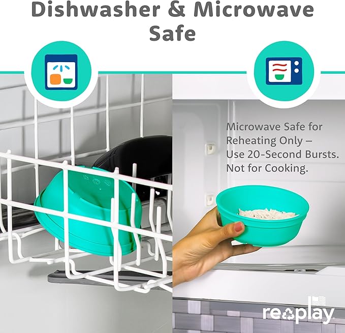 Re-Play 12 oz. Toddler Bowls Set of 4 - Kids Deep-Walled, Durable & Reusable Snack and Meal Bowls, Dishwasher & Microwave Safe, BPA-Free, Made in USA from Recycled Plastic, Aqua Asst