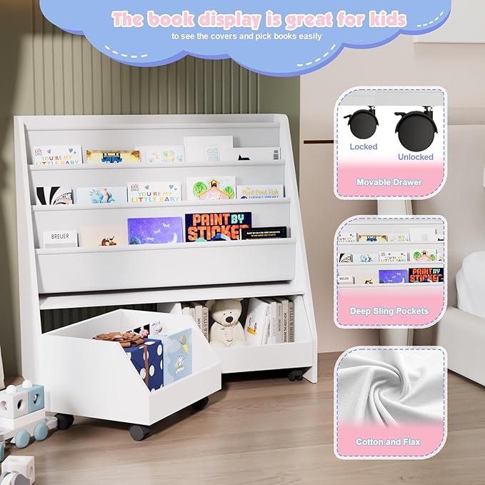 Kids Bookshelf with Two Movable Drawers Toddler Bookcase with Toy Storage Organizer Child Sling Book Rack Baby Cabinet Chest with Wheels for Nursery,Playroom,Bedroom,Living Room,Classroom