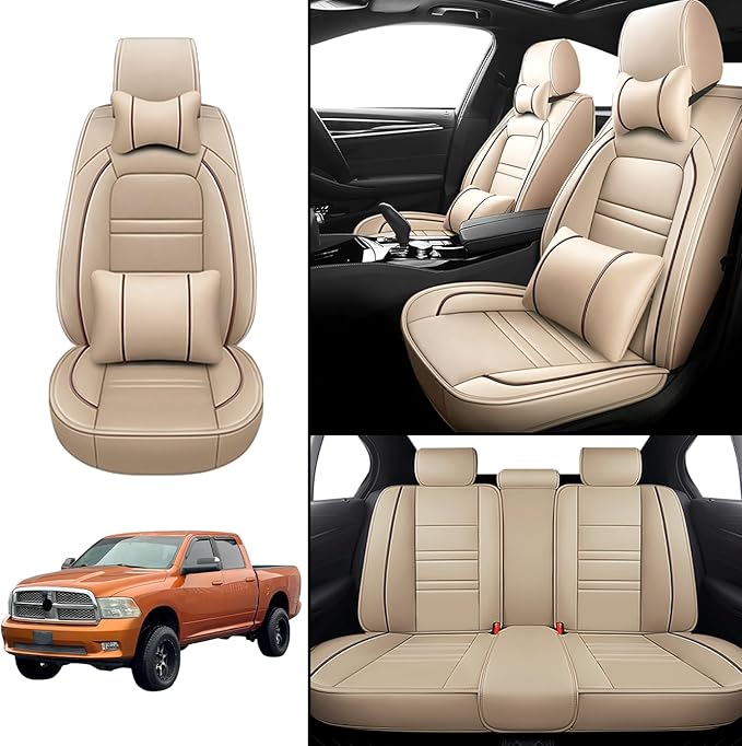 Car Seat Covers for Dodge ram 2004-2011 | 5-Seats Seat Covers, Waterproof Seat Protectors, Automotive Seat Covers (Full Set with Pillow,Beige)