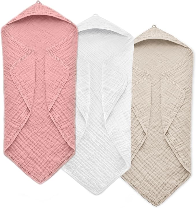 Hooded Baby Towels for Newborn, 35x35 Inch 3 Pack 100% Muslin Cotton Baby Bath Towel, Soft Baby Beach Towels with Hood for Infants, Toddlers and Kids, Essentials Must Haves