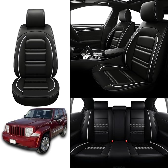 Seat Covers for JP Liberty 2002-2012 | 5-Seats Leather Seat Covers, Easy to Install Automotive Seat Covers Full Set (Full Set, Black&White Line)