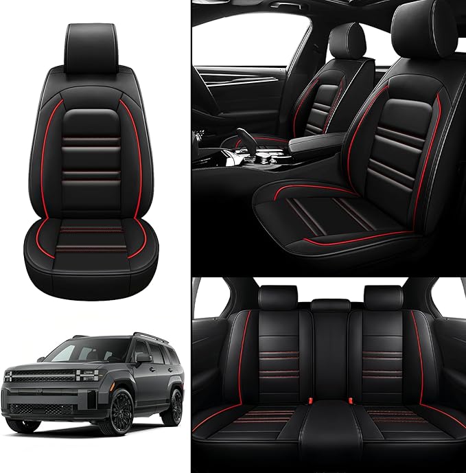 Seat Covers for Hyundai Car Santa fe 2001-2025 | 5-Seats Leather Seat Covers, Easy to Install Automotive Seat Covers Full Set (Full Set, Black&Red Line)