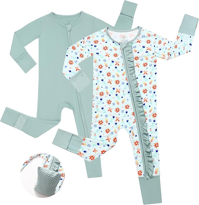 JunNeng Baby Girl Viscose from Bamboo Sleeper with Mitten Cuffs, 2 Way Zipper Romper, Sleep N' Play Pajamas 0-18 Months
