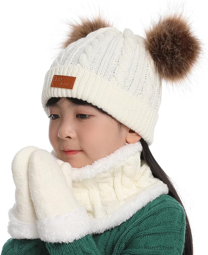 Duoyeree Baby Winter Hat Scarf Glove Beanie Set Girls Boys Pom Pom Knitted Beanie Mitten Scarves for Toddler 0-3T