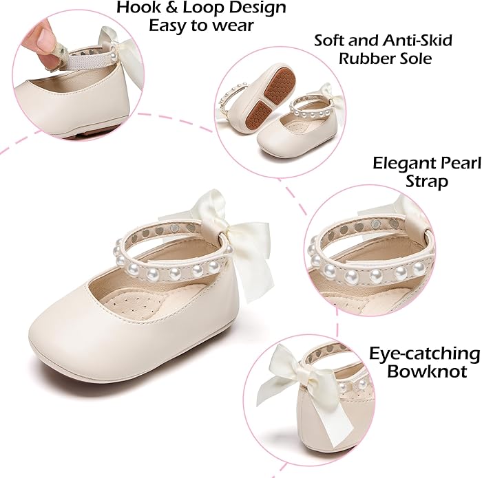 Baby Girls Mary Jane Flats - Infant Newborn Walking Shoes Soft Rubber Sole Princess Wedding