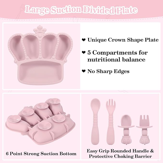 Silicone Baby Feeding Set 10 Pcs Baby Led Weaning Supplies Suction Bowl Divided Plate Baby Bibs Fruit feeder Pacifier Baby Spoons Forks Sippy Cup Utensil Sets Baby Essentials for Newborn Gift Pink